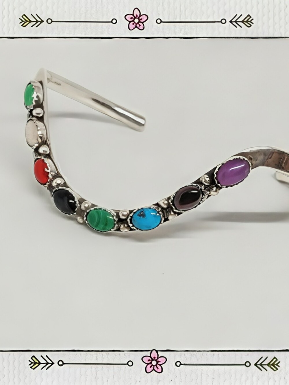 Vintage Santo Domingo Navajo Artisan Lorencita Signed Sterling Gemstone Cuff